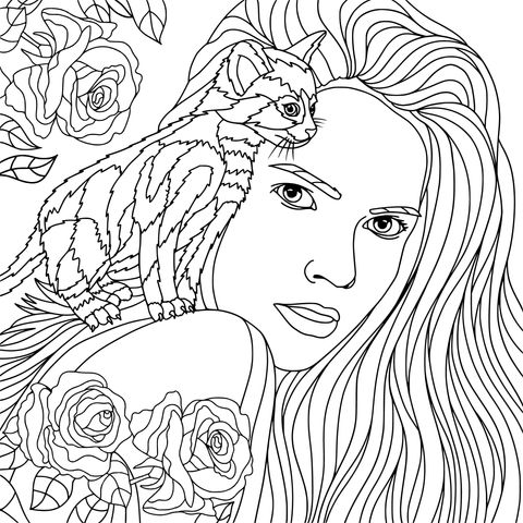 Coloring Page of a Woman and a Kitten