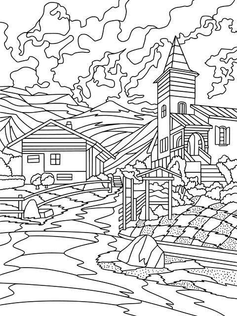 Rural Scenery Coloring Page: Cottages, Church, and Green Mountains