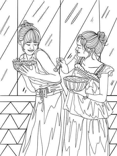 Two ladies enjoying watermelons