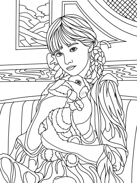 Coloring Page of a Girl Hugging a Rabbit