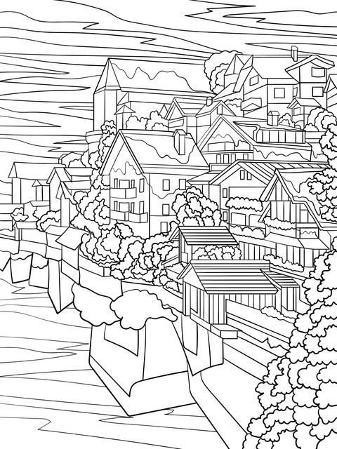 Dreamy Town Landscape Coloring Page