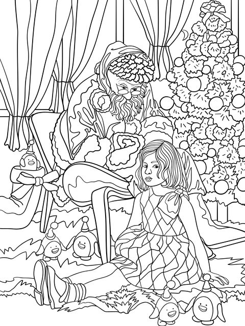 Warm Christmas Coloring Page of Santa Claus and a Little Girl