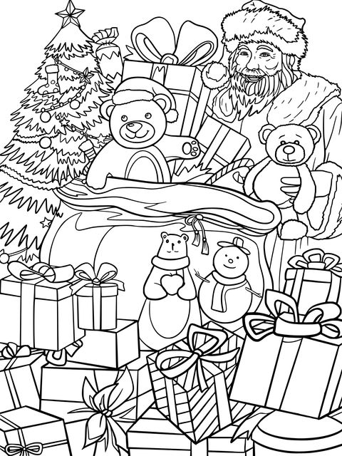 Página de colorear de Santa Claus con regalos y muñecos de peluche