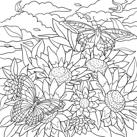 Flowers and Butterflies Coloring Page