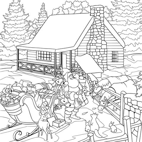 Santa Claus and Reindeer in Front of a Cabin - Christmas Coloring Page