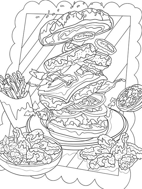 Delicious Fast - Food Coloring Page: Hamburgers and Snacks