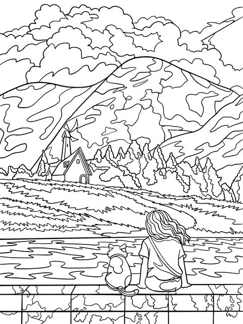 Página de Colorear: Chica y Gato Admirando el Paisaje de Montañas y Aguas