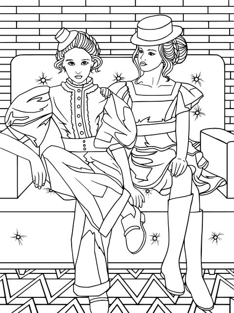 Vintage - style Coloring Page of Two Girls