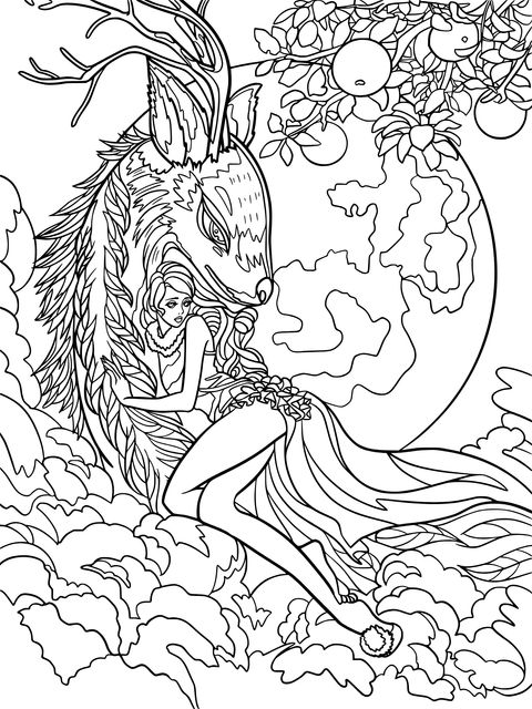 Fantasy Girl and Mythical Beast Coloring Page