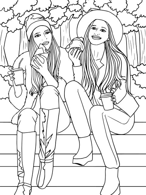 Coloring Page of Two Stylish Girls Relaxing Outdoors