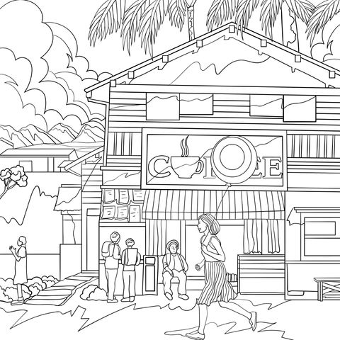 Coloring Page of a Coffee Shop Exterior