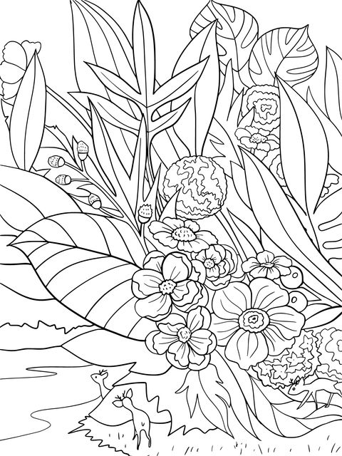 Colorful Flowers and Playful Deer Coloring Page