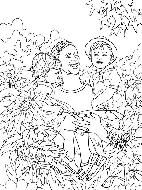 Heart - warming Coloring Page of Father and Children in a Flowering Field