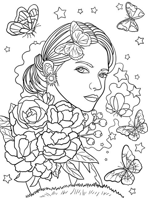 Dreamy Butterfly and Flower Girl Coloring Page