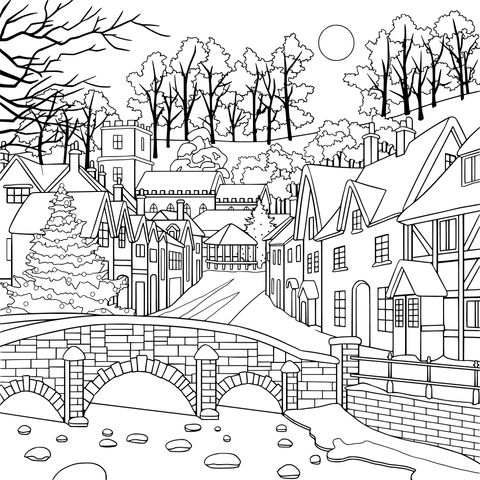 Winter Snowy Town Coloring Page