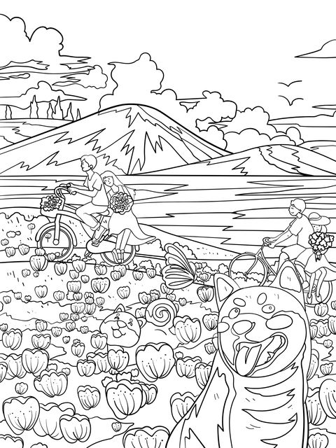 Spring Outdoor Family Cycling Coloring Page