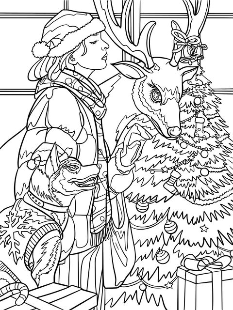 Christmas - themed Coloring Page: A Heart - warming Scene of a Girl with a Reindeer and a Dog