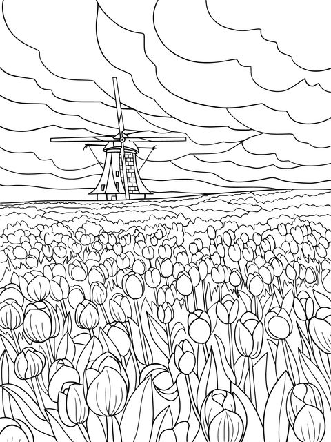 Tulip Field and Windmill Coloring Page