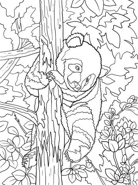 Página para colorear de un adorable panda subiendo un árbol