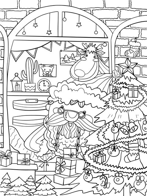 Santa Claus and Reindeer Christmas Scene Coloring Page