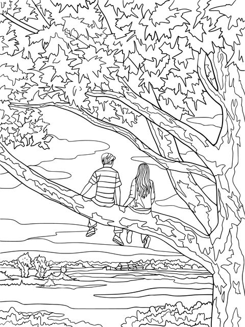 Coloring Page of a Boy and a Girl Sitting in a Tree