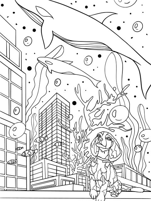 Coloring Page of an Underwater City and Animals