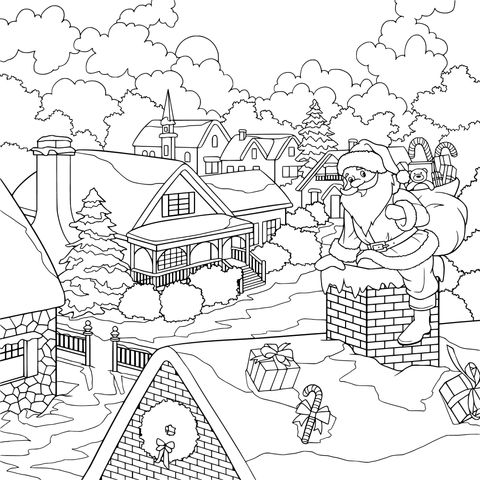 Santa Claus Delivering Gifts on the Roof Coloring Page