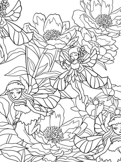 Coloring Page of Fairies in the Flower丛