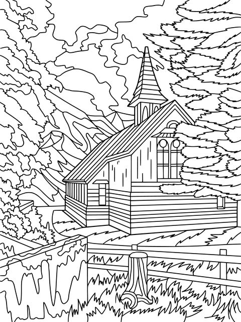 Church in the Mountains Coloring Page