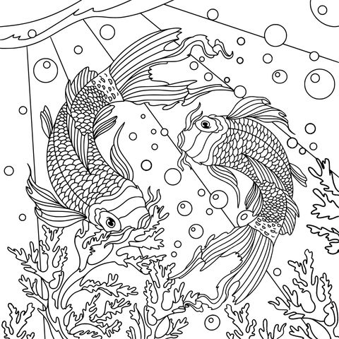 Double Koi Fish in Underwater World Coloring Page