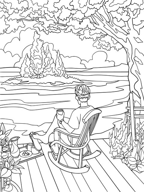 Coloring Page of Enjoying Time by the Lakeside