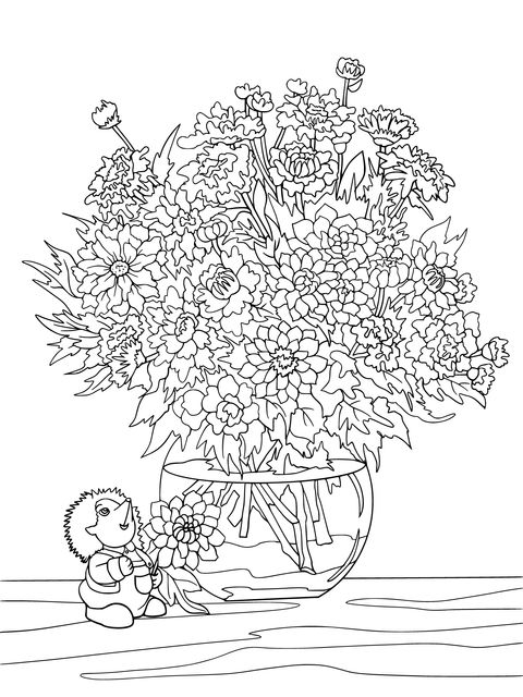 Adorable Hedgehog and Colorful Flower - Bouquet Coloring Page