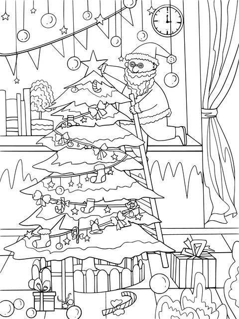 Santa Claus Decorating a Christmas Tree Coloring Page