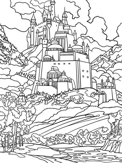 Página para colorir de paisagem com castelo de fadas