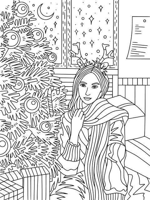 Christmas - themed Coloring Page: Girl and Christmas Tree Scene