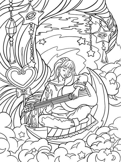 Dreamy Girl Playing Guitar Among Clouds Coloring Page