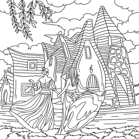 Fairytale Cottages and Princesses Coloring Page