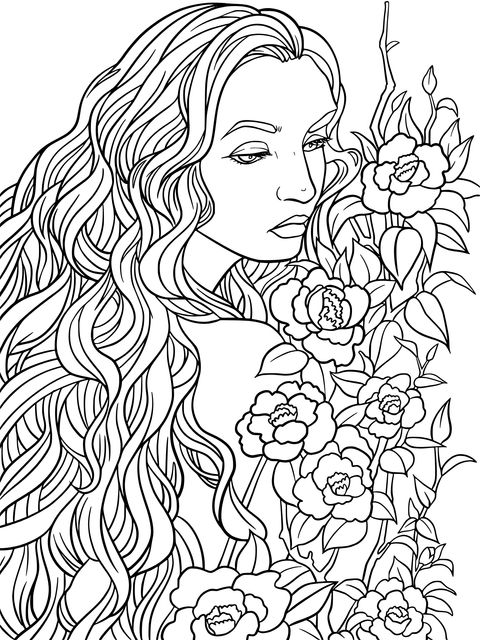 Fantasy - Haired Woman and Flower Coloring Page