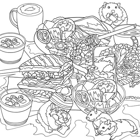 Adorable Animals and Delicacies Coloring Page