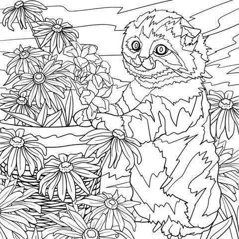 Cat and Flowers Coloring Page