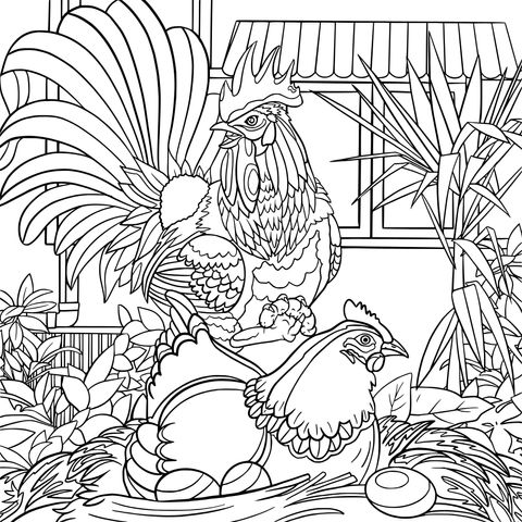 Colorful Rooster and Hen Coloring Page