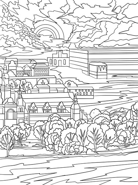 Cityscape Coloring Page: A Colorful Town at Sunset