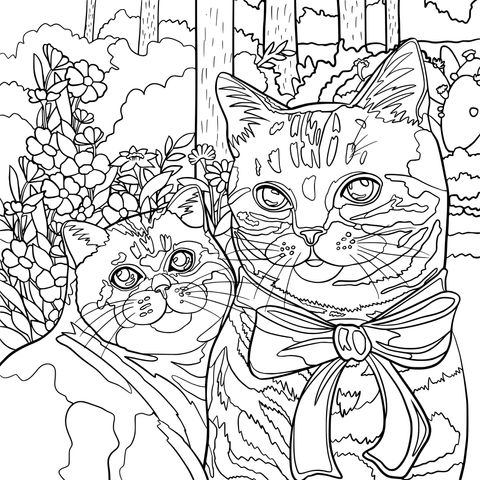 Página para Colorear de Dos Gatos: Adorables Mascotas en un Lecho de Flores en el Bosque