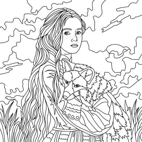 Coloring Page of a Girl and a Fox