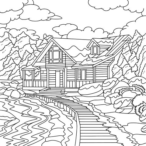 Winter Lakeside Cabin Coloring Page