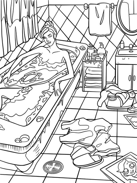 Coloring Page of a Woman Relaxing in a Bathtub