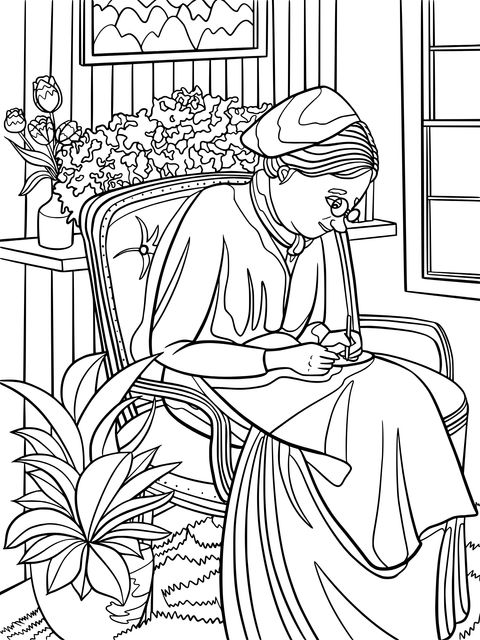 Coloring Page of a Lady Concentrating on Sewing