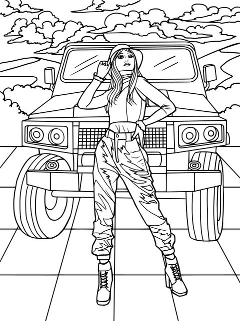 Fashionable Woman Standing in Front of an Off - road Vehicle