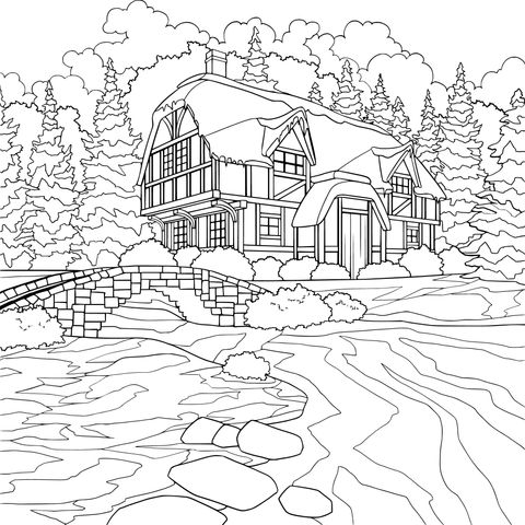 Winter Cottage Landscape Coloring Page