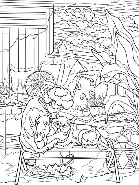 Cozy Terrace: Peaceful Moments Between Human and Cat Coloring Page